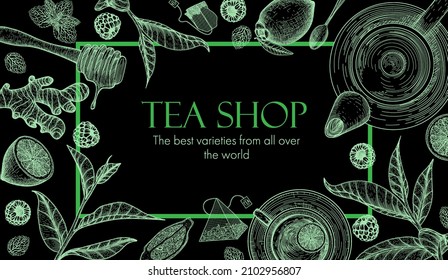 Vector illustration of a black and green banner template for a tea shop. Graphic linear teapot, tea cup, spoon, raspberry, ginger, tea bags, honey, mint, tea leaves, lemon