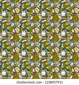 Vector illustration. Black, green and white version. Cute and colorful candy sweet seamless pattern on black, green and white background. Isolated.
