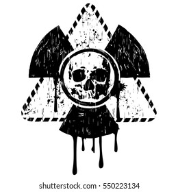 Vector illustration black grunge triangular radiation symbol and abstract skull