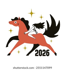 Vector illustration with black hair red horse, long hair woman riding on, stars and 2026 number. New year print design with animal, greeting card template