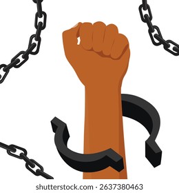 Vector illustration of a black hand in chains. Symbol of slavery, oppression and human rights violation. Injustice, racism, slavery and freedom struggle. Isolated on white background