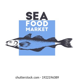 Vector illustration with black hand drawn fish label isolated on white background. Seafood design for fish market, packaging, print, card