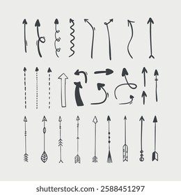 Vector illustration black hand drawn arrow set, vector arrow. Collection of different arrows icons. Arrow icon. Cursor, pointer for web design, interface. Digital graphic elements concept.