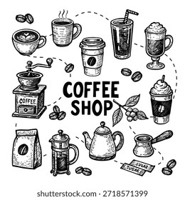 Vector illustration. Black hand-drawn ink coffee shop elements, French press, coffee machine, cappuccino, frappuccino, coffee beans. isolated on white background.