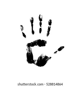 Vector illustration of black handprint made with paint on white background. Beautiful design element.
