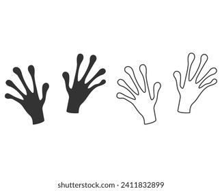 Ilustración vectorial. Las manos negras de un icono de línea alienígena están aisladas en blanco. Clíparte del doodle dibujado a mano. Tema espacial y extraterrestre. Ideal para carteles, pancartas, tarjetas