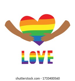 Vector illustration of black hands carefully holding big heart in rainbow LGBT flag colors with word "Love". IGBT, freedom love, gay pride concept. Freedom of speaking