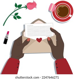 Vector illustration with black hands. envelope with love letter, rose, lipstick, red coffee cup and macaroon