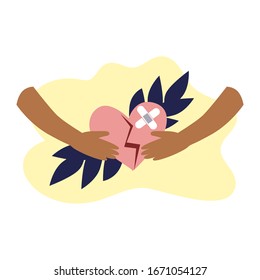 Vector illustration of black hands holding the red heart with wound and patch on it. Depression, harrassment, abuse or bullying concept. Psyhology template