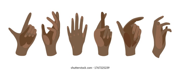 Vector illustration of black hands on a white isolated background. Black lives matter. Set illustration of a hand in different positions in a flat style. Beautiful manicured hands.