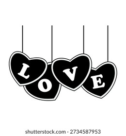 Ilustración vectorial de Formas negras de corazón colgante con letras que deletrean la palabra AMOR. Diseño romántico monocromo simple para el día de San Valentín o la decoración de la boda.