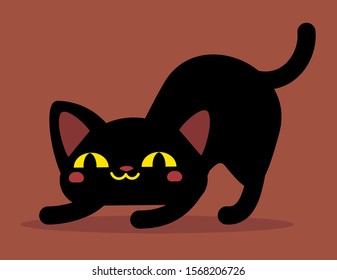 Vector illustration of black happy cat arches back on brown background. Flat style design 