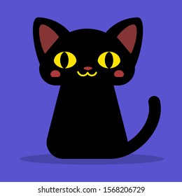 Vector illustration of black happy cat is sitting on blue background. Flat style design 