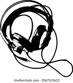 Ilustración vectorial de auriculares negros con cable. Concepto de música de escucha