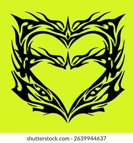 Vector illustration of a black heart frame, abstract cyber sigilism and neo tribal shapes on neon yellow, capturing the bold, trendy Y2K and cyber-inspired digital art style of today.