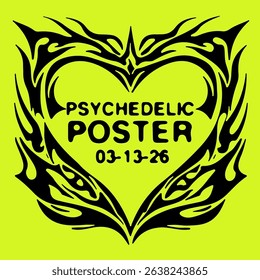 Vector illustration of a black heart framed by sharp, abstract cyber sigilism and neo tribal shapes on neon yellow, capturing the bold, trendy Y2K and cyber-inspired digital art style of today.