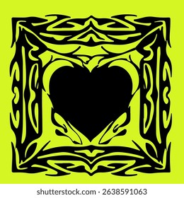 Vector illustration of a black heart framed by sharp, abstract cyber sigilism and neo tribal shapes on neon yellow, capturing the bold, trendy Y2K and cyber-inspired digital art style.