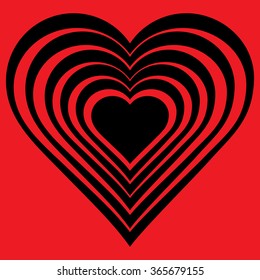Vector illustration of black heart. Isolated on red background. Love symbol. Geometric background. Optical illusion. Abstract backdrop. Valentine's Day card. Graphic poster. 