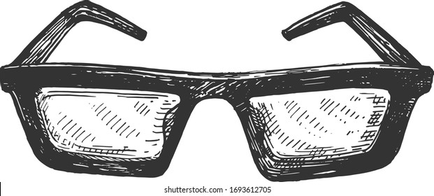 Vector illustration of a black heavy frame glasses. Vintage hand drawn engraving style.