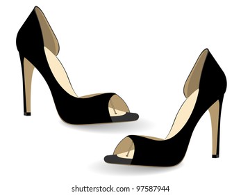 Vector Illustration of  black high heel shoe or sandals for ladies, Isolated on white.