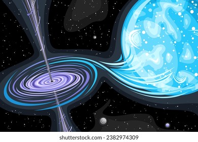 Ilustración vectorial del agujero negro, astronómico afiche horizontal con agujero negro giratorio absorbiendo estrella blanca supermasiva en el espacio profundo, impresión cósmica decorativa con fondo de espacio estelar negro