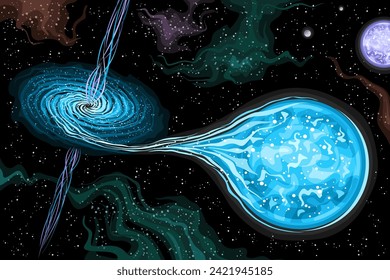 Vektorgrafik von Black Hole, astronomisches horizontales Poster mit sich drehendem Quasar-Stern, extraterrestrialer Stern im tiefen Raum, dekorativer futuristischer, kosmischer Druck auf Sternenraumhintergrund