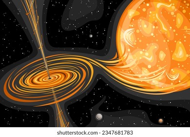 Vector illustration of Black Hole, futuristic horizontal poster with swirl black hole absorbing supermassive orange hot star in deep space, decorative cosmo print with black starry space background