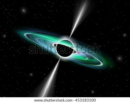 Vector illustration of black hole makes radiation waves in the deep universe. Background full of stars. Grate for decorations, backgrounds, designs and more.