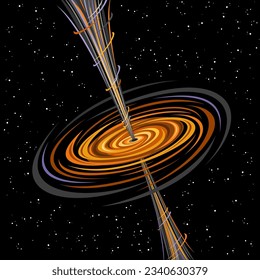 Vector illustration of Black Hole, square astronomical poster with fantasy print with hot rotating orange gas clouds and line art cosmo jets from supermassive black hole on dark starry background