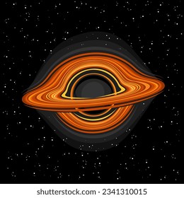 Vector illustration of Black Hole, square astronomical poster with cartoon design hot rotating orange gas clouds, line art cosmo print with futuristic black hole singularity on dark starry background