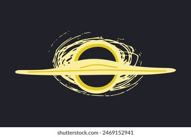 Vector illustration of a black hole with texture on a black background. Universe, cosmos and astronomy in flat cartoon style. Celestial body in deep space, cosmic mystery, educational materials