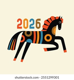 Vector illustration with black horse and red, blue, green abstract elements. Symbol of New year 2026 print design with animal, greeting card template, abstract poster