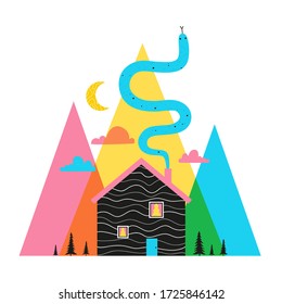 Vector illustration with black house, blue snake, moon, black pine trees and abstract mountains. Trendy outdoor print design