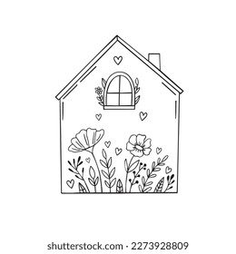 Vector illustration with black house silhouette, floral elements. Vintage card with house and flowers.