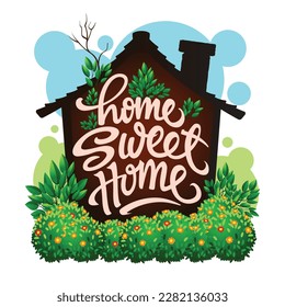 Vector illustration of black house's silhouette, floral elements, leaves and flowers, and handwritten text "Home sweet home", suitable for house decoration.