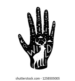 Vector illustration with black human arm, white deer silhouette, arrows, clouds and doodle elements. WILD lettering word. Inspirational oudoor typography poster