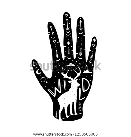 Vector illustration with black human arm, white deer silhouette, arrows, clouds and doodle elements. WILD lettering word. Inspirational oudoor typography poster