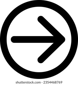 Vector illustration of black icon of arrow pointing to the right inside a circle.