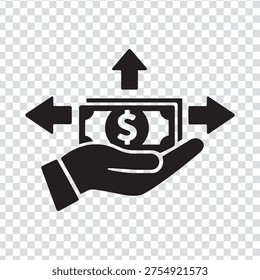 Vector illustration black icon of a hand holding a dollar bill with arrows indicating money transfer or exchange