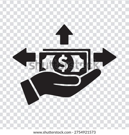 Vector illustration black icon of a hand holding a dollar bill with arrows indicating money transfer or exchange