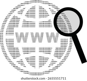 Ilustración vectorial Black Icon navegador de Internet diseñado con números binarios y una lupa en el concepto de explorador de búsqueda de Web