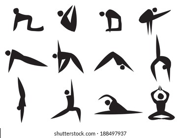 Vector illustration of black icon man doing different yoga position