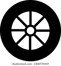 Vector illustration of black icon of a wheel. Car or carriage wheel.