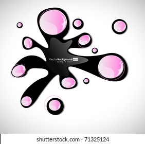 Vector illustration of black ink blot, with pink bubbles