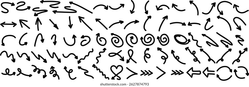 Vector illustration of black ink brush strokes forming arrows isolated on a white background