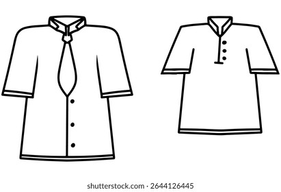 Ilustração vetorial de tinta preta mão desenhada camisa de manga curta com gravata e sem gravata, página de coloração