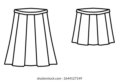Vector illustration of black ink hand drawn long and short pleated skirt, coloring page