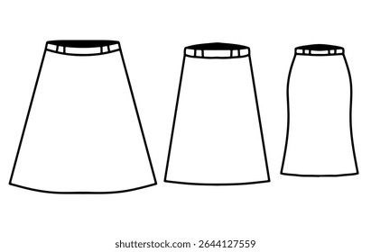 Vector illustration of black ink hand drawn long skirt, outline, coloring page