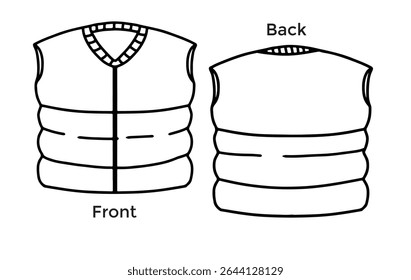 Vector illustration of black ink hand drawn outline of warm clothing or life jacket, front and back