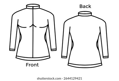 Vector illustration of black ink hand drawn outline of girl's long sleeve tracksuit, front and back